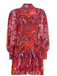 Women Chevron Forest Orange Long Sleeve Smocked Mini Dress