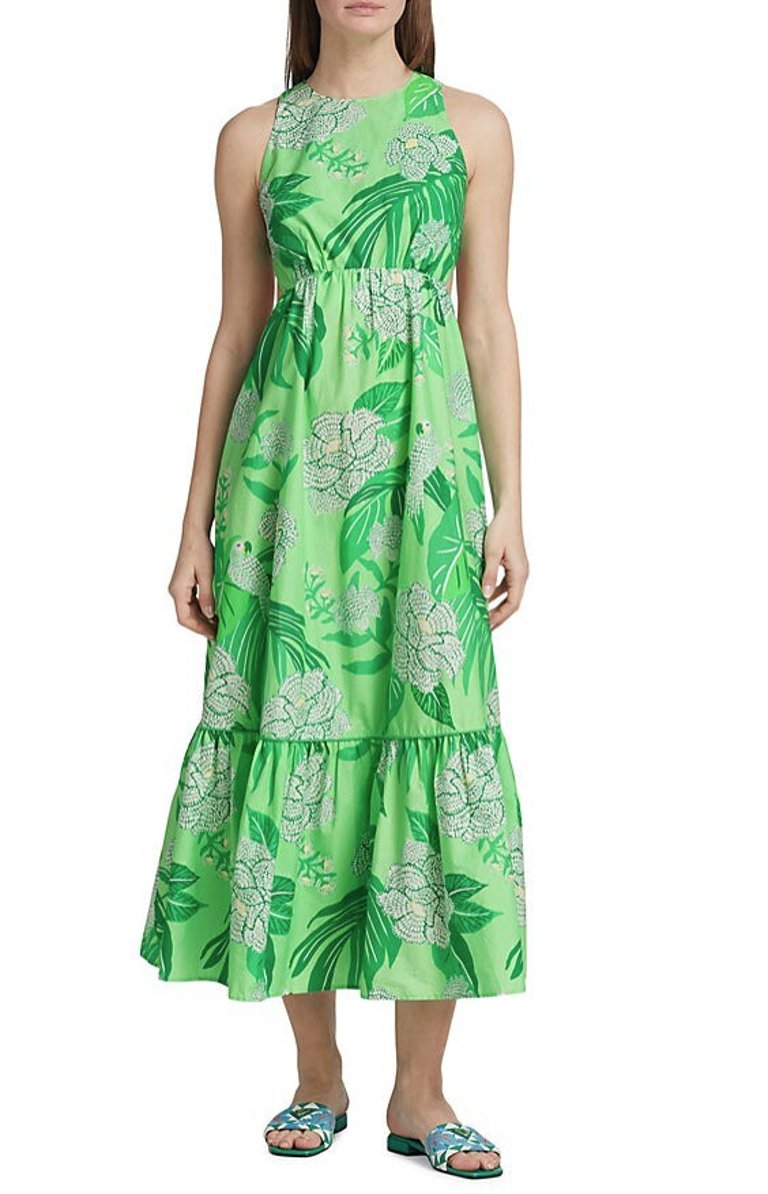 Women Dewdrop Floral Green Sleeveless Cotton Midi Dress - Green