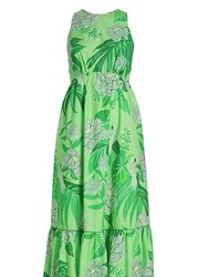 Women Dewdrop Floral Green Sleeveless Cotton Midi Dress