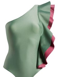 Women Ruffled One Shoulder Strap One Piece Swimsuit - Green