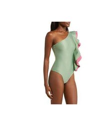Women Ruffled One Shoulder Strap One Piece Swimsuit - Green - Green