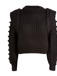 Women's Black Braided Sweater, Black Chunky Knit - Black