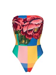 Womens One Piece Swimsuit Blue Winter Garden Halter Swimwear - Multicolor
