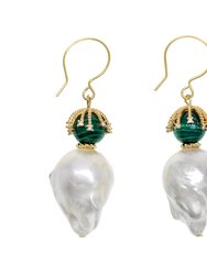 Baroque Pearl With Malachite Hook Earrings GE011 - White