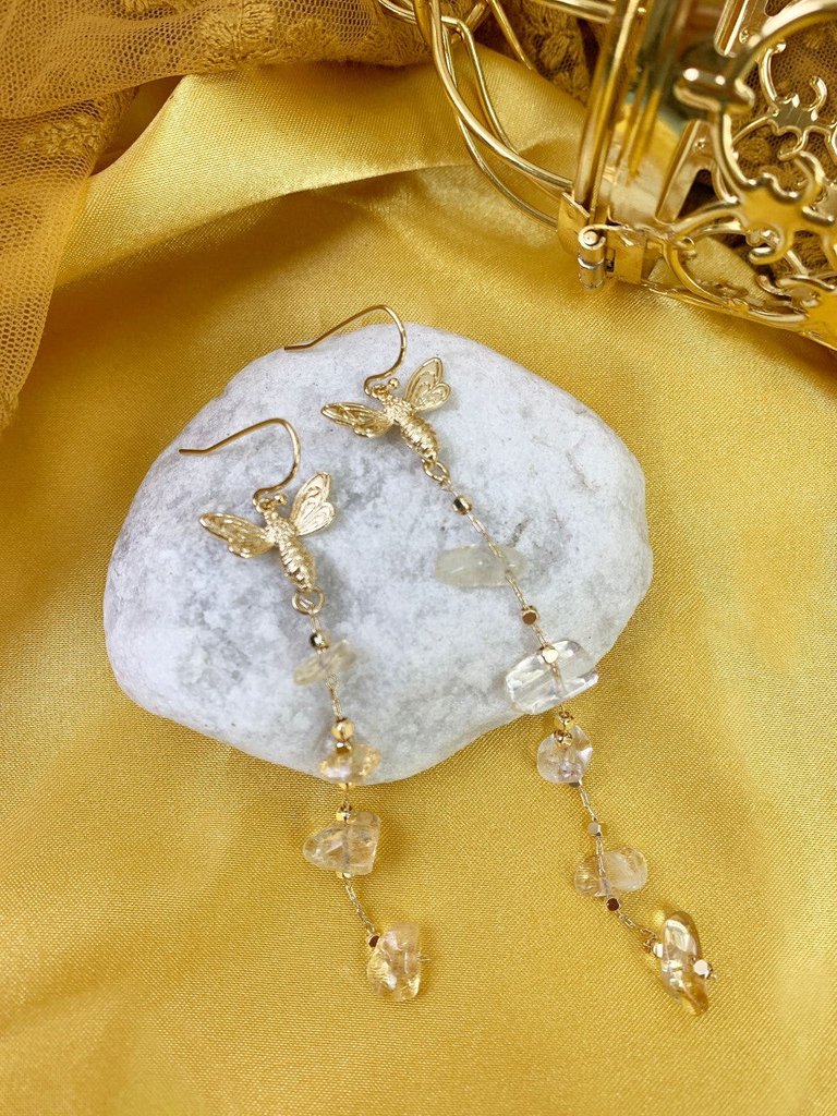 Citrine With Butterfly Charm Elongated Earrings GE010