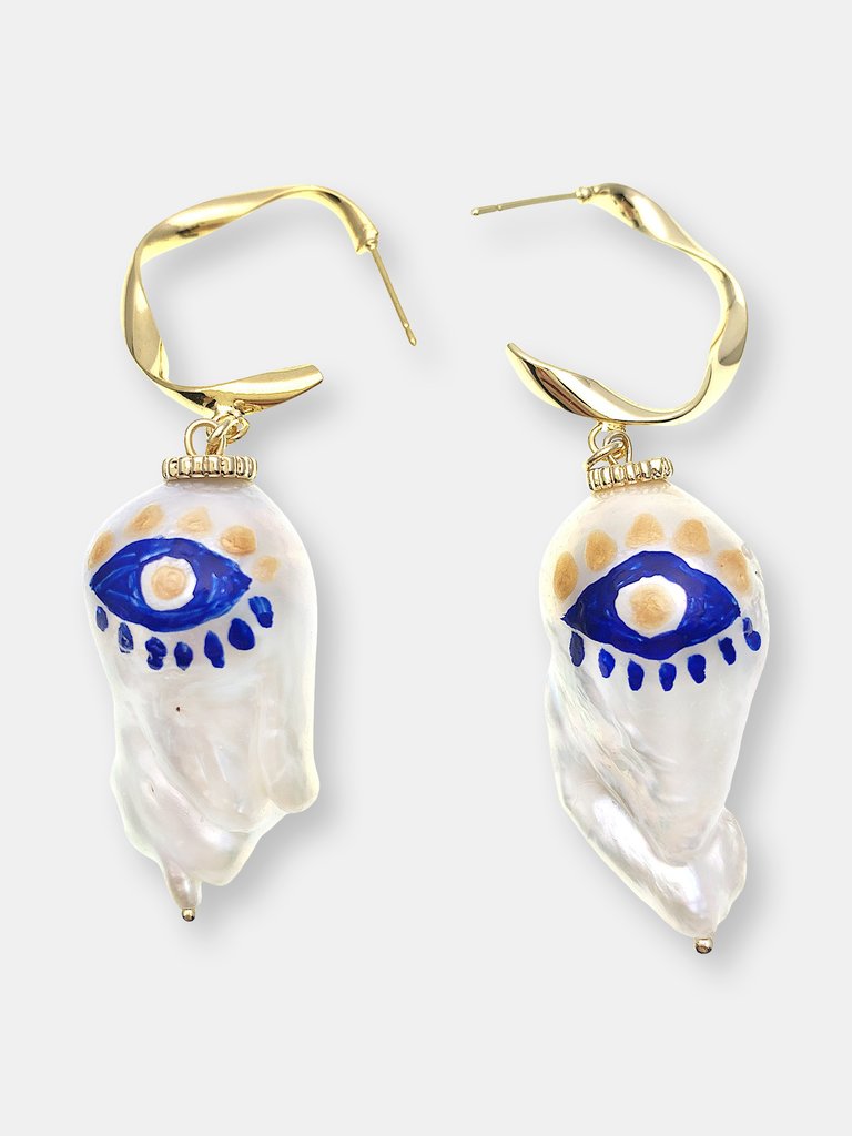 Hand Painted Eyes  Baroque Pearl Hook Earrings - Multi