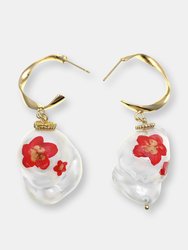 Hand Painted Floral Baroque Pearl Hook Earrings - Multi