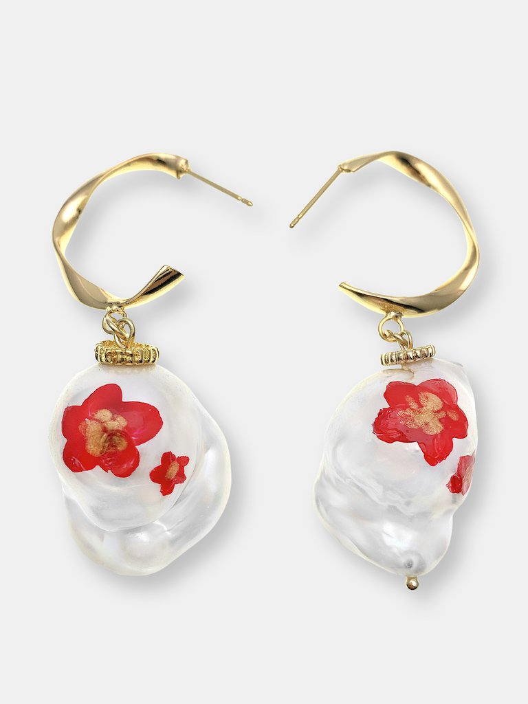 Hand Painted Floral Baroque Pearl Hook Earrings - Multi