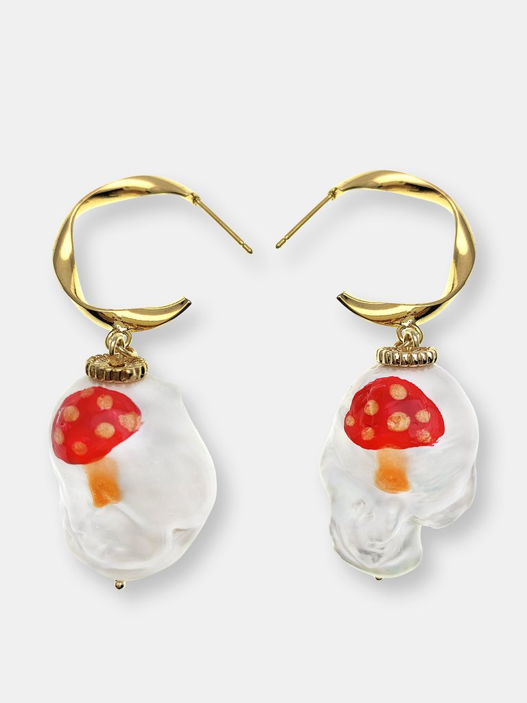 Hand Painted Mushroom Baroque Pearl Hook Earrings - Multi