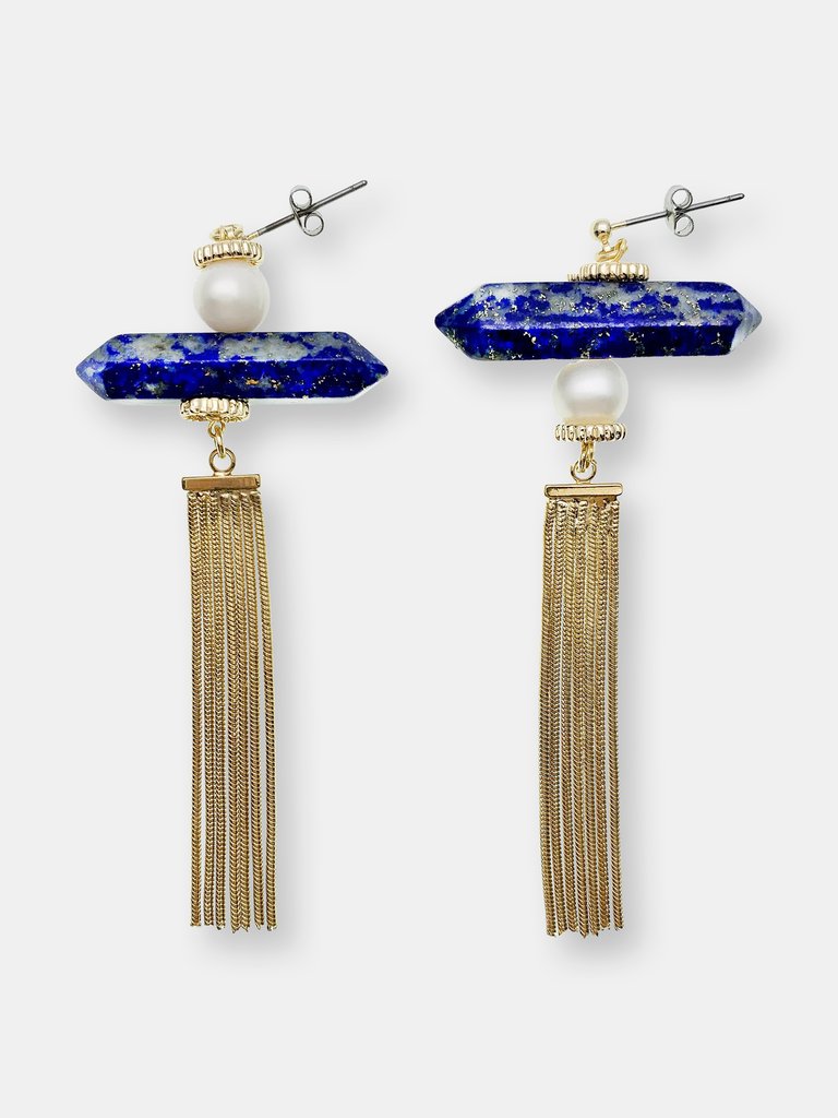 Lapis Lazuli Stone Long Tassel Earring - Blue