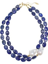 Lapis With Baroque Pearl Double Strands Necklace GN020 - Lapis