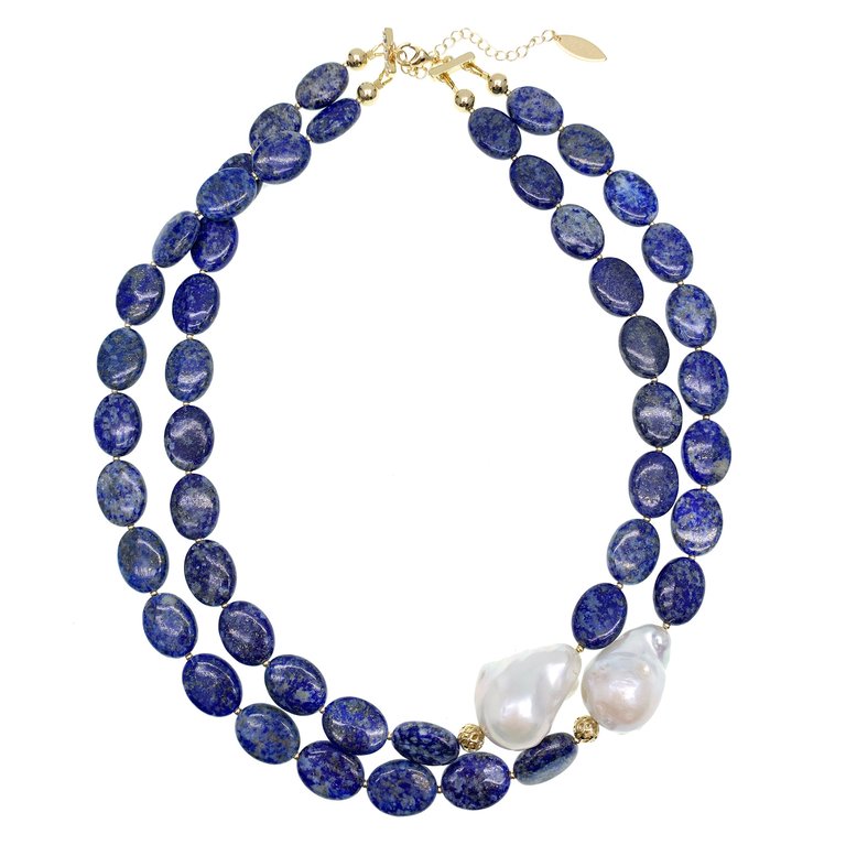 Lapis With Baroque Pearl Double Strands Necklace GN020 - Lapis