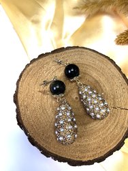 Obsidian With Rhinestones Bordered Pearls Dangle Earrings