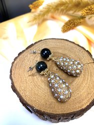 Obsidian With Rhinestones Bordered Pearls Dangle Earrings