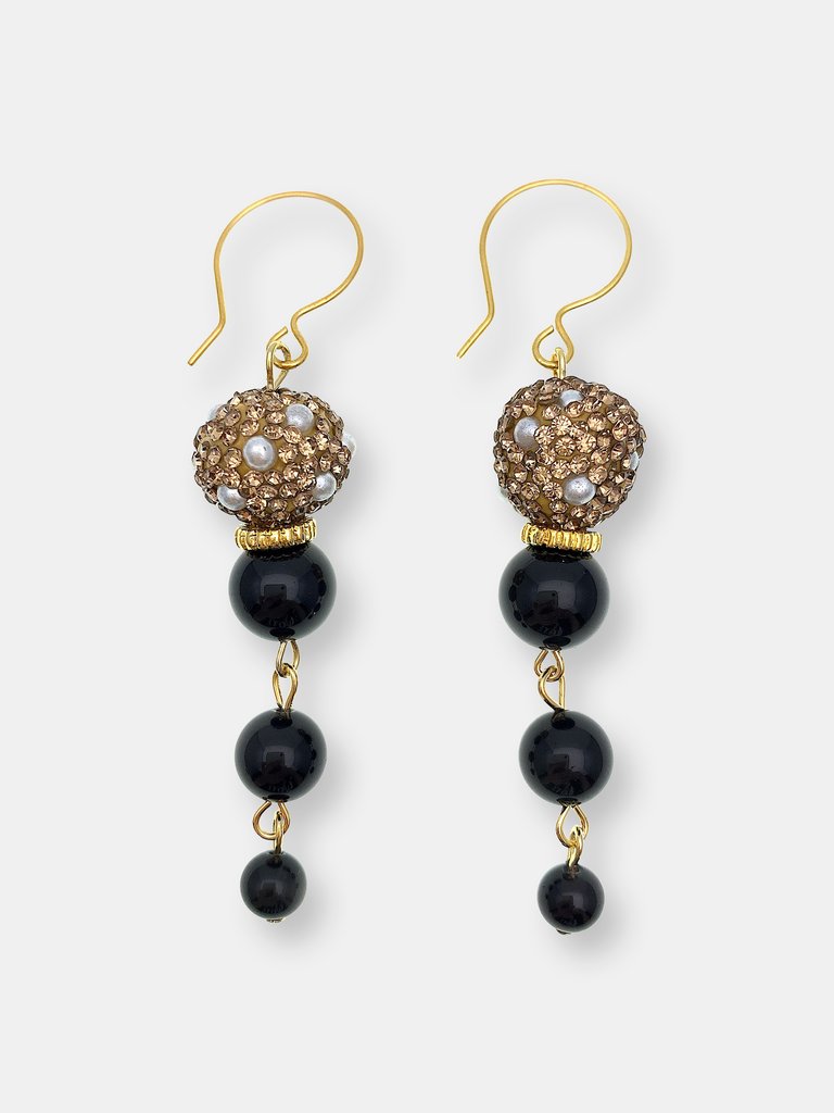 Obsidian With Rhinestones Bordered Pearls Elongated Earrings - Multi