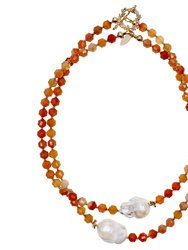 Orange Agate With Baroque Pearls Double Strands Necklace GN005 - Orange