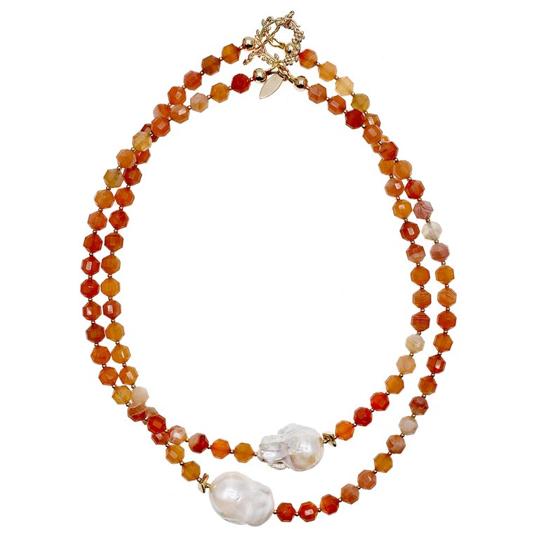 Orange Agate With Baroque Pearls Double Strands Necklace GN005 - Orange