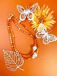 Orange Agate With Baroque Pearls Double Strands Necklace GN005