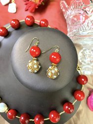 Red Coral With Rhinestones Bordered Pearls Earrings