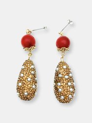 Red Coral With Teardrop Rhinestones Bordered Pearls Earrings