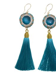 Rhinestone Bordered Turquoise With Opal Tassel Earrings GE026 - Turquoise