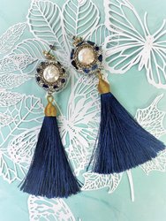 Rhinestones Bordered Lapis Tassel Earrings GE016