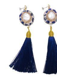 Rhinestones Bordered Lapis Tassel Earrings GE016 - Blue