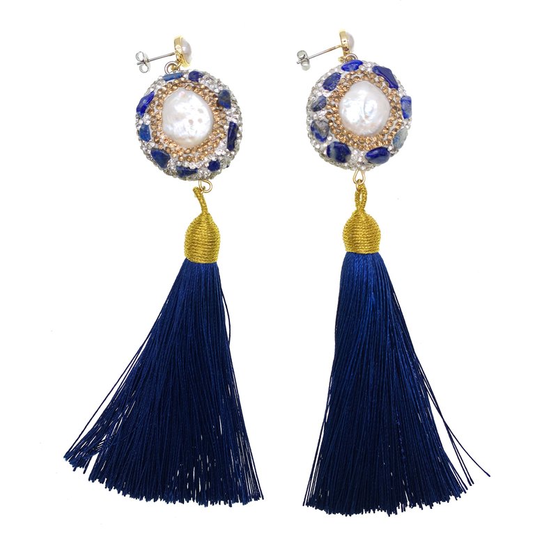 Rhinestones Bordered Lapis Tassel Earrings GE016 - Blue