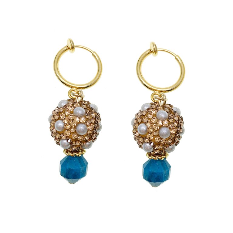 Rhinestones Bordered Pearls With Apatite Clip On Earrings GE003 - Gold