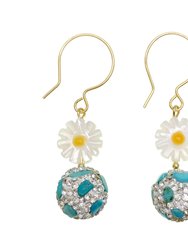Rhinestones Bordered Turquoise With Daisy Charm Dangle Earrings GE025 - Turquoise