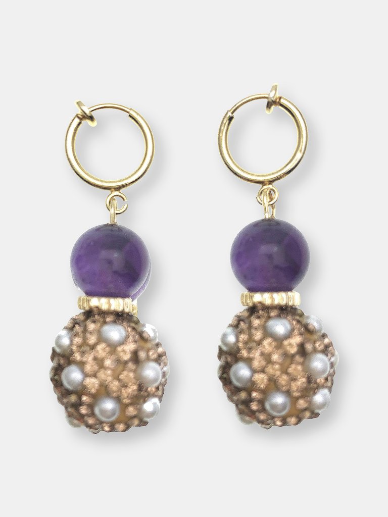 Round Amethyst With Rhinestones Bordered Pearls Classic Earrings - Multi