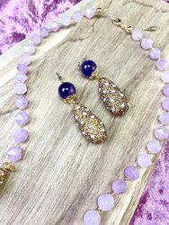 Round Amethyst With Rhinestones Bordered Pearls Dangle Earrings