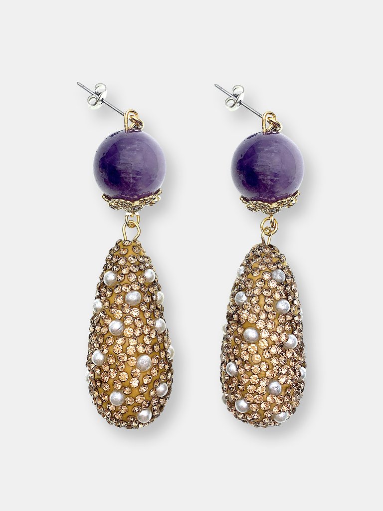 Round Amethyst With Rhinestones Bordered Pearls Dangle Earrings - Multi