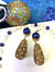 Round Lapis With Rhinestones Bordered Pearls Dangle Earrings