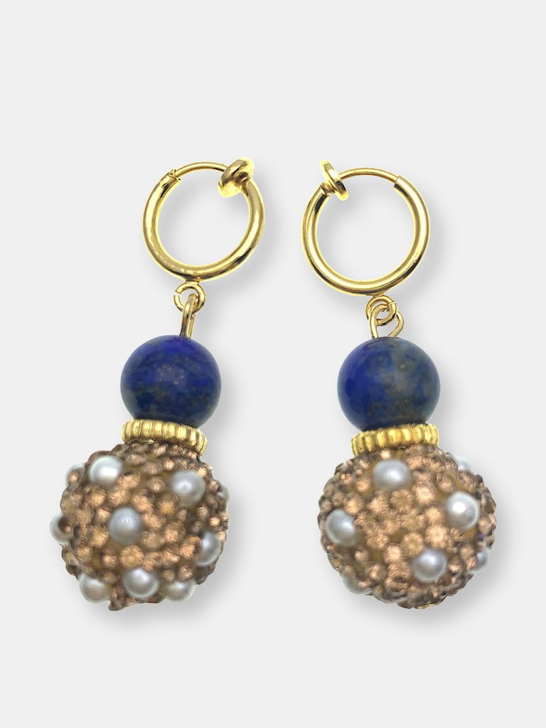 Round Lapis With Rhinestones Bordered Pearls Simple Dangle Earrings