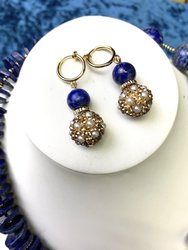 Round Lapis With Rhinestones Bordered Pearls Simple Dangle Earrings