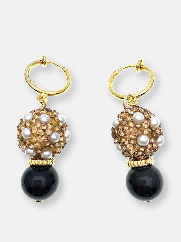 Round Rhinestones Bordered Pearls With Obsidian Earrings - Multi