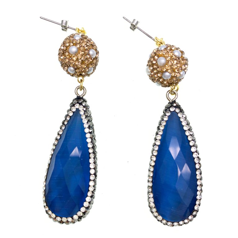 Tear Drop Lapis With Rhinestones Bordered Pearls Earrings GE017 - Blue