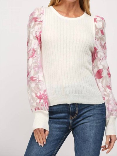 Fate Floral Print Organza Sleeve Cable Knit Sweater In Cream Pink product