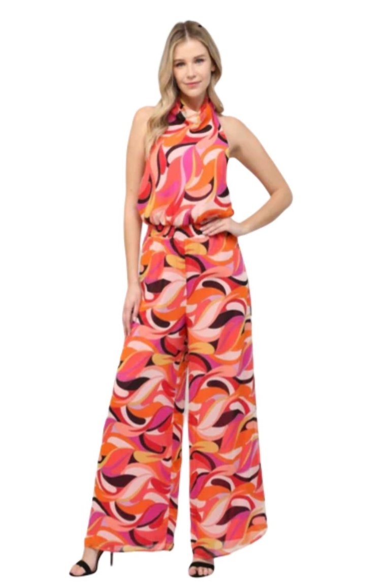 Geo Print Cowl Neck Jumpsuit In Coral/Orange - Coral/orange