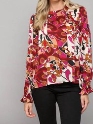 Lace Insert Long Sleeve Top - Abstract Print
