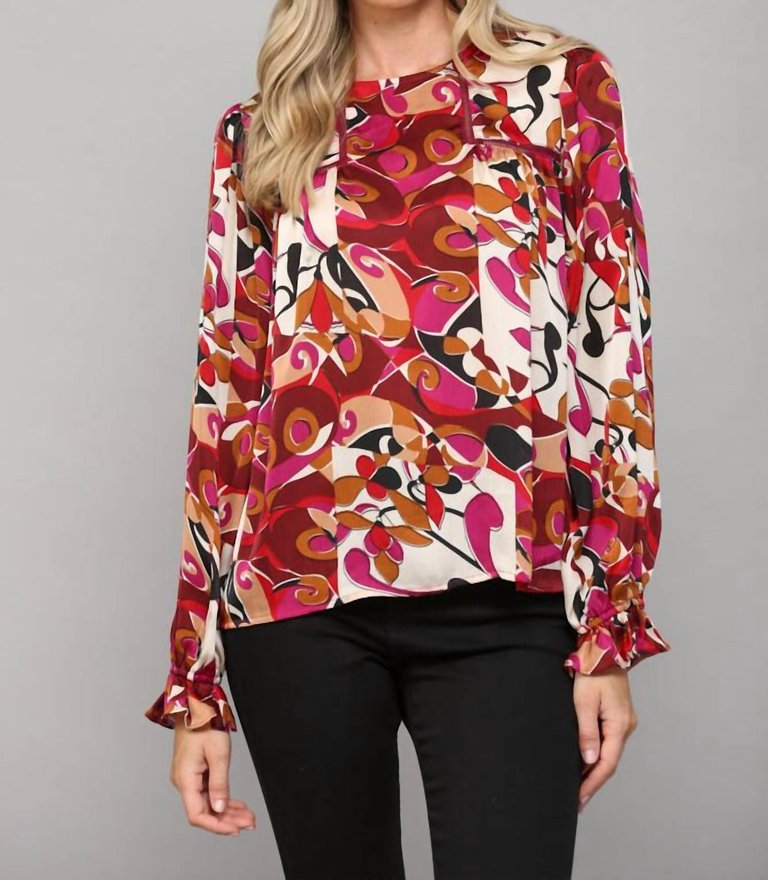 Lace Insert Long Sleeve Top - Abstract Print