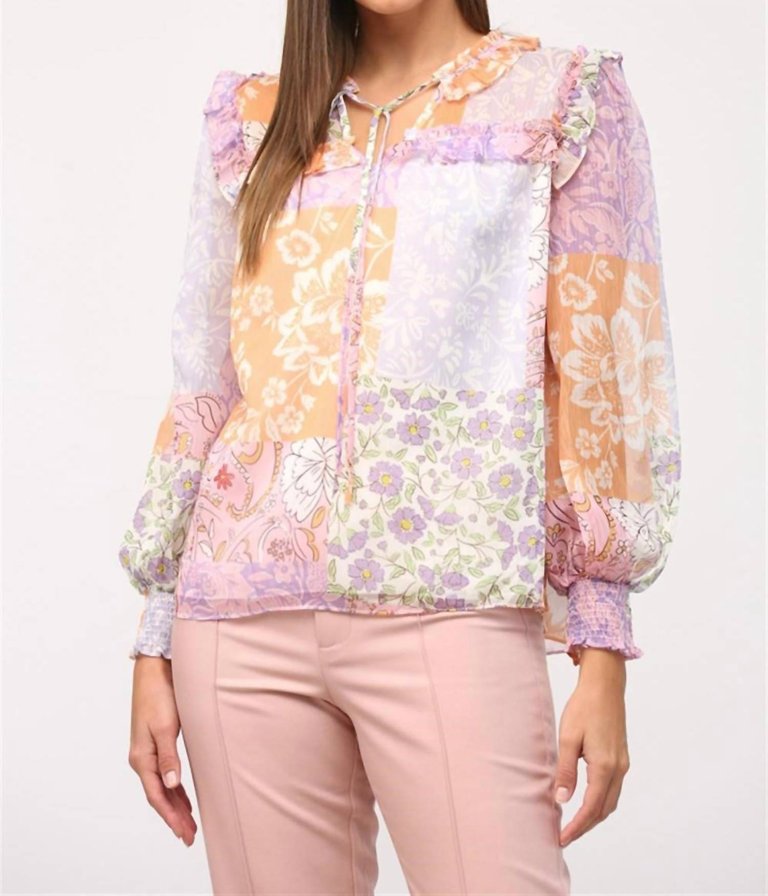 Ruffle Yoke Long Sleeve Top In Patchwork Print - Patchwork Print