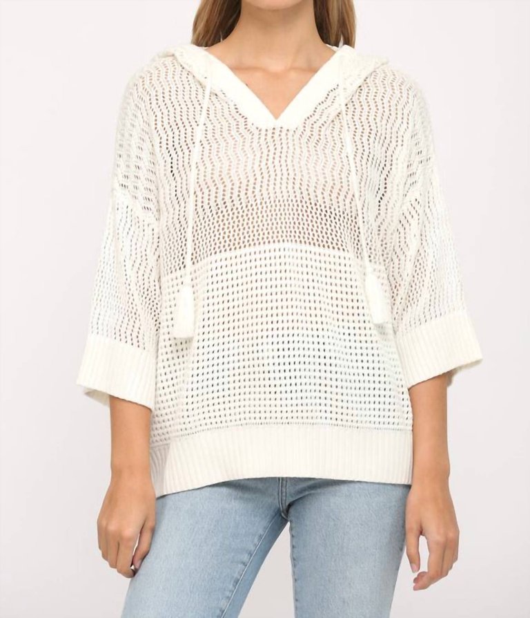 Tassel Tie V-Neck Open Weave Hooded Sweater In Off White - Off White