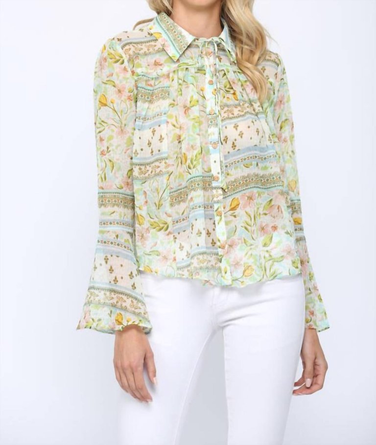 Tie Neck Bell Sleeve Blouse - Green Multi