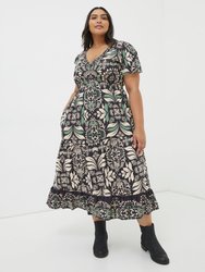 Plus Size Priya Mosaic Leaf Midi Dress - Black