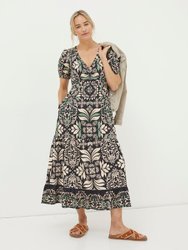 Priya Mosaic Leaf Midi Dress - Black