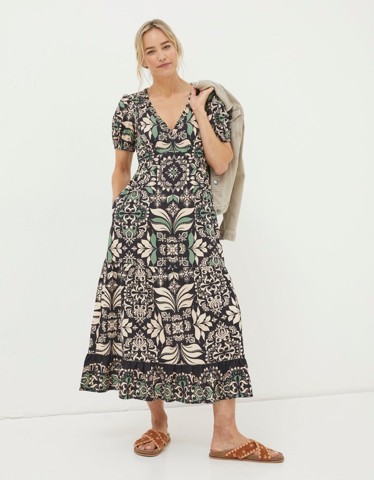 Priya Mosaic Leaf Midi Dress - Black