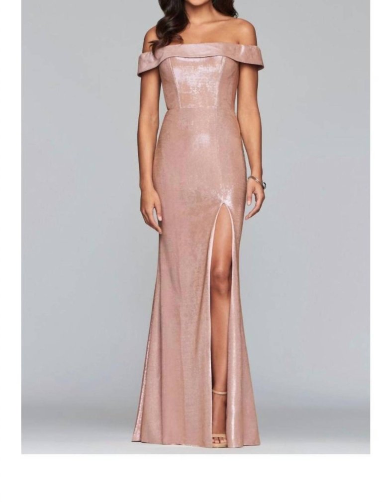 Classic Metallic Off The Shoulder Gown - Rose Gold
