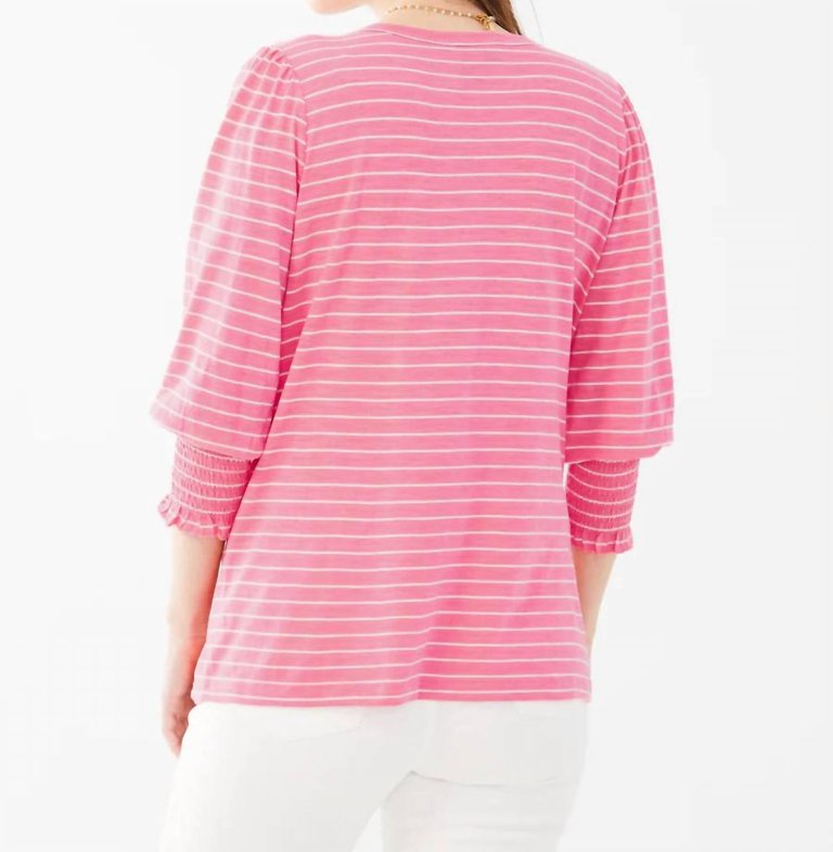 V-Neck Smocked Cuff Top In Flamingo Stripe